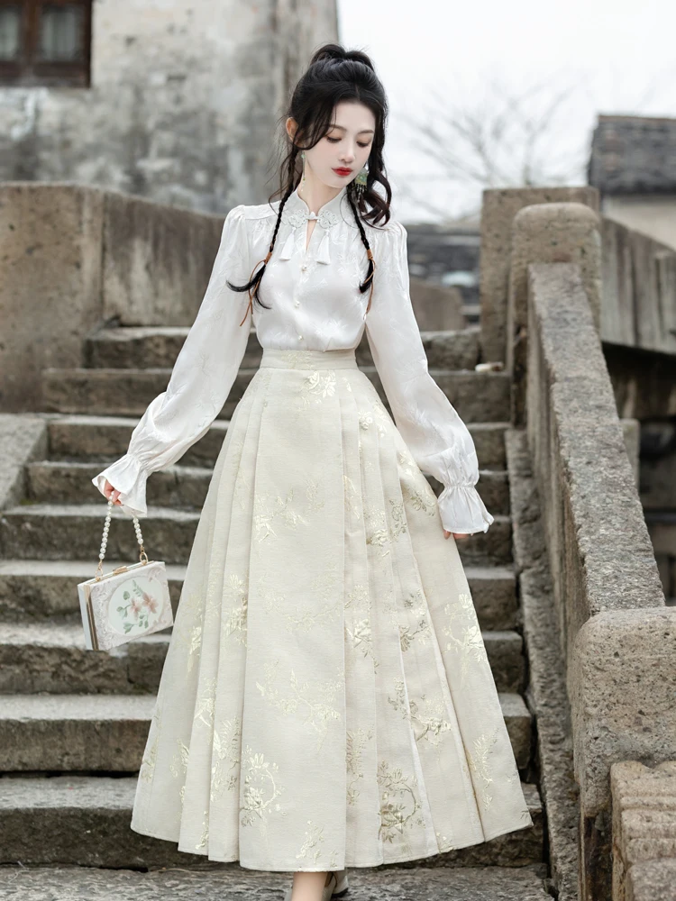 hanfu women's new Chinese shirt with pleated dress daily wear with suit 2024 new horse skirt