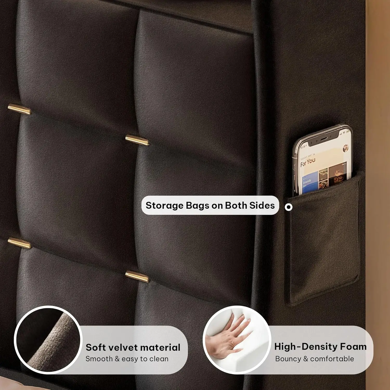 إطار سرير بحجم كينج مع 4 أدراج وأضواء LED RGB ومحطة شحن سرير بمنصة منجدة مخملية ولوح رأسي للتخزين #5