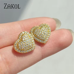 ZAKOL Dazzling Heart CZ Stud Earrings for Women Cute Zirconia Female Band Marriage Statement Wedding Party Jewelry