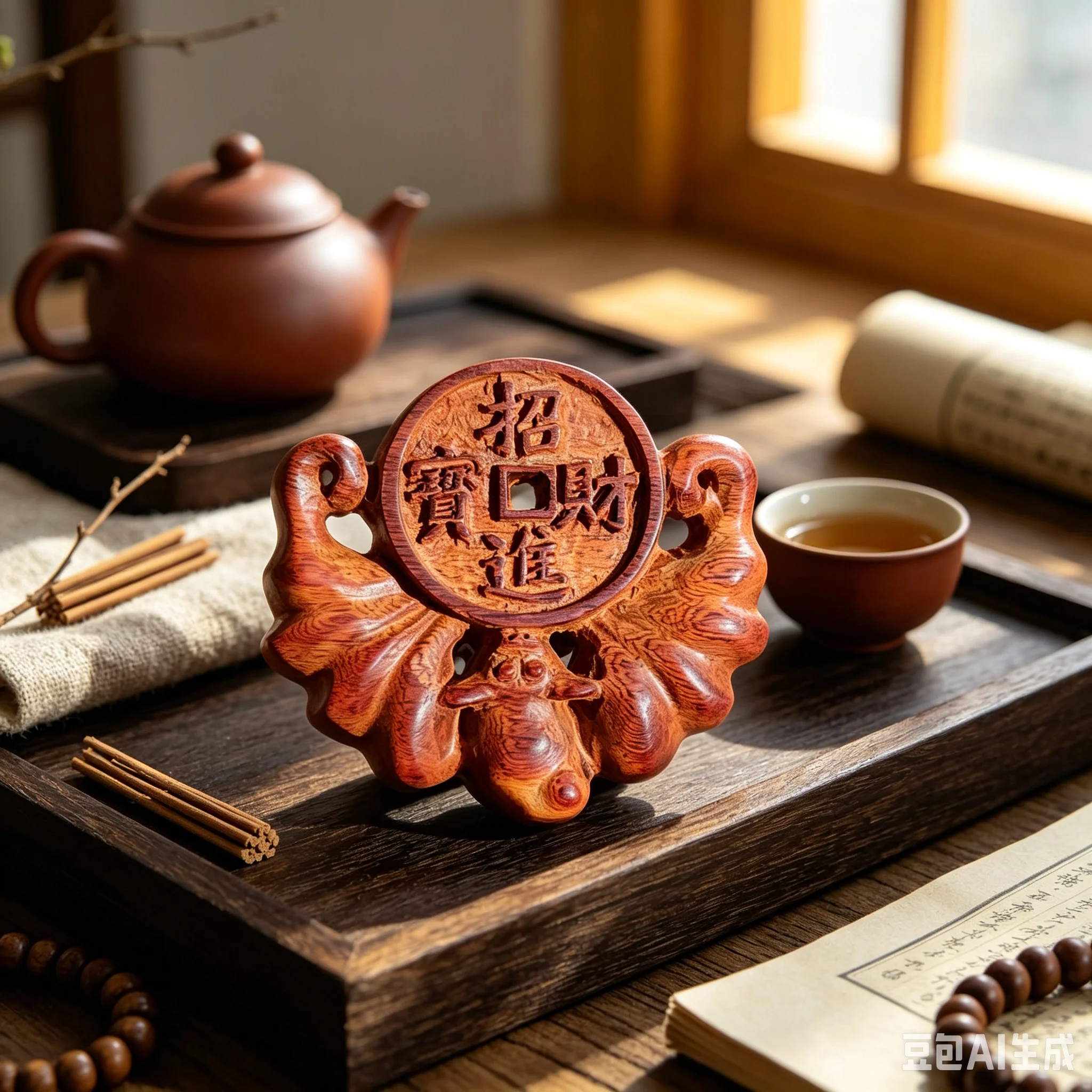 Rosewood Carved Bat Coin Pendant, Chinese 
