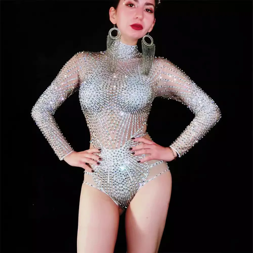 

Singer dance sexy shiny rhinestone stretch slim onesie performance stage suit