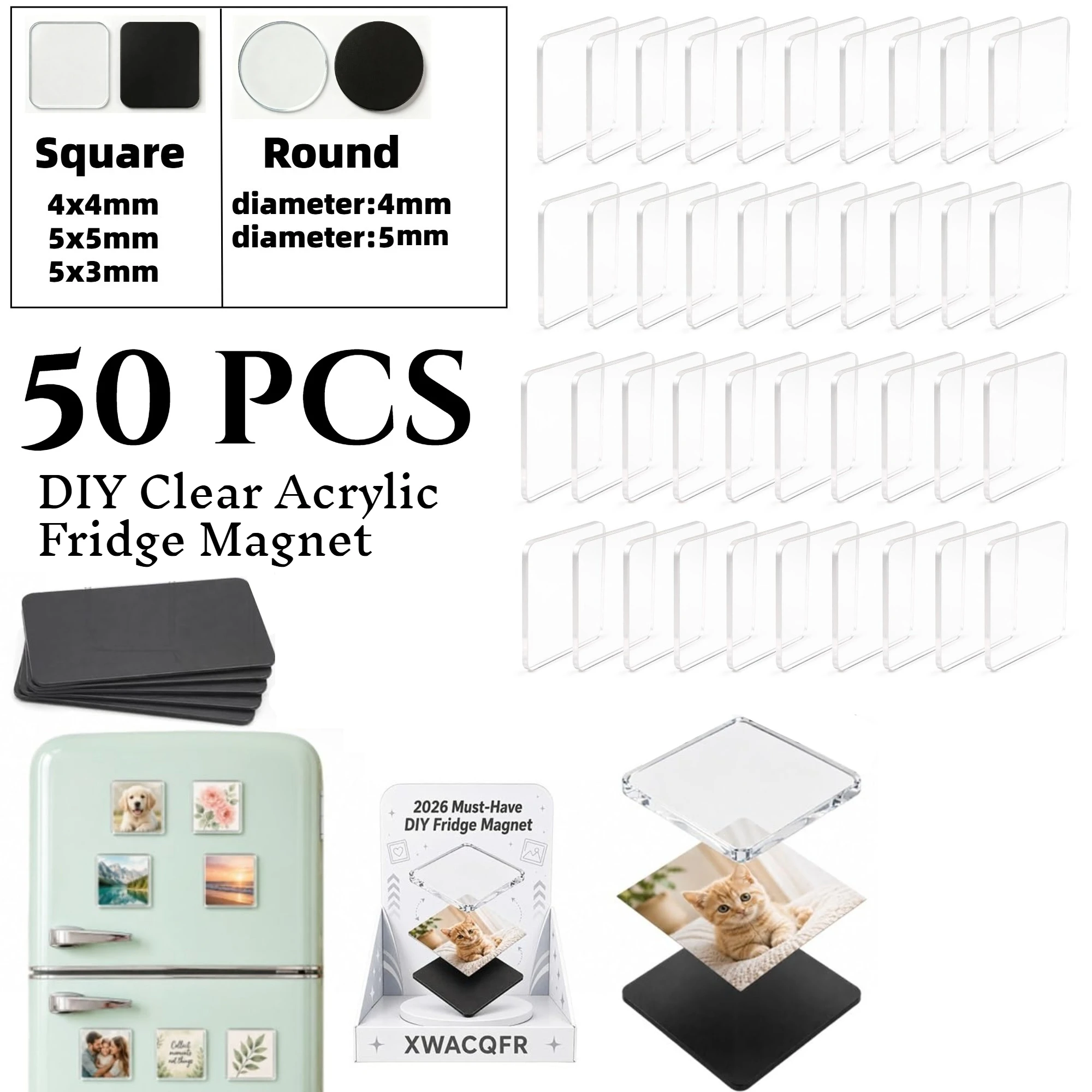 50 PCS DIY Clear Acrylic Fridge Magnet with Adhesive Backing Square/Round Refrigerator Magnets Magnetic Photo Frames Decor