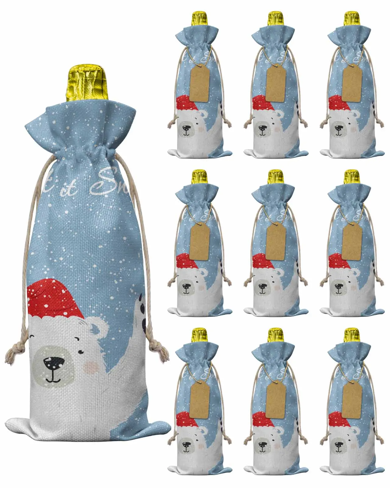 10pcs Christmas Snowflakes BearsWine Bottle Bag with Drawstring Festive Party Decor Wine Bottle Covers Gift