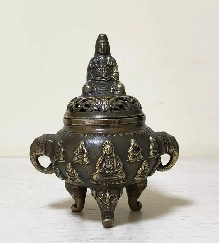 

Antiques Old Bronze Censer Kwan-yin lucky Incense Burners