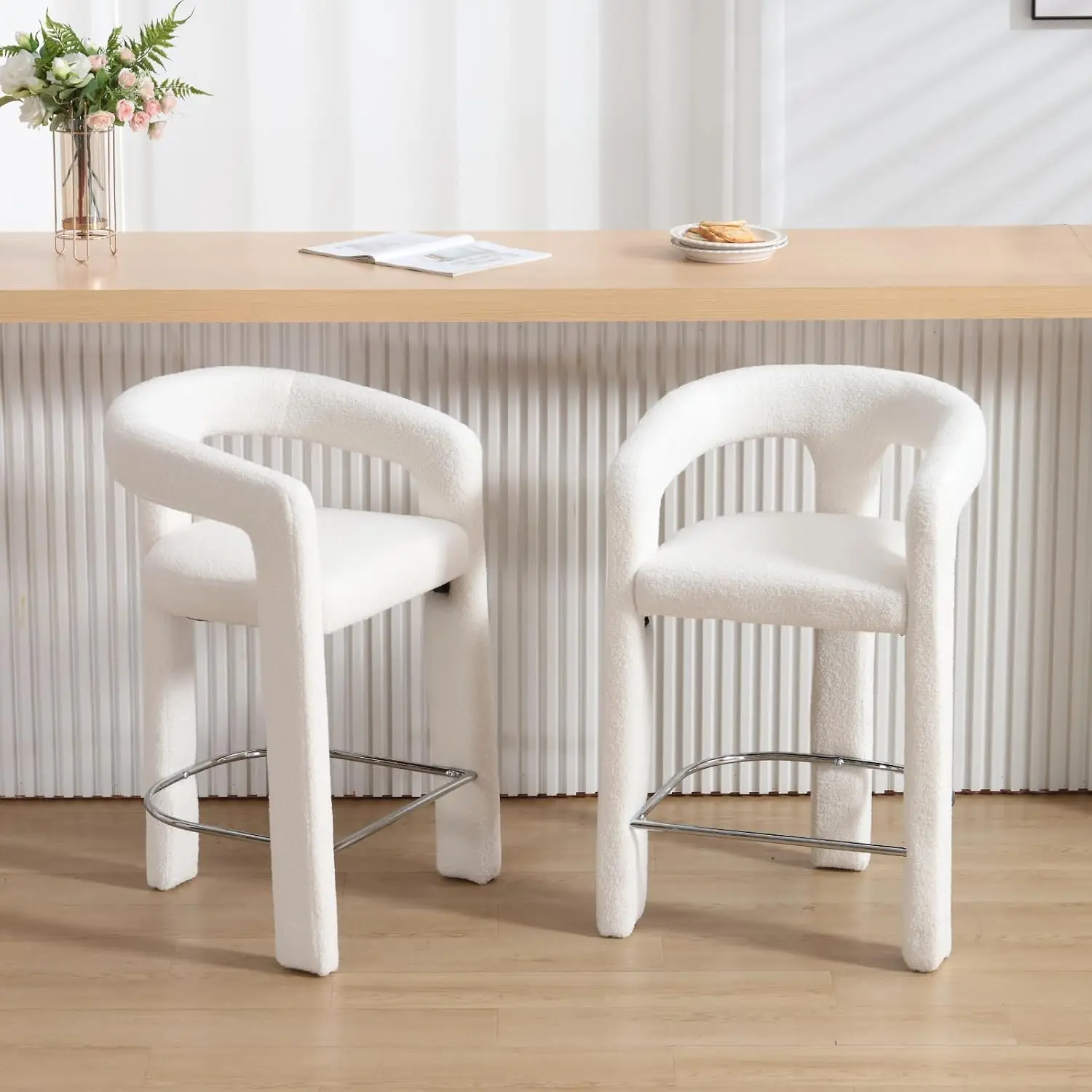 26in Sherpa Counter Stools 2pcs, Upholstered Boucle Barrel Bar Stool with Arms & Silver Footrest for Kitchen Island, Customized