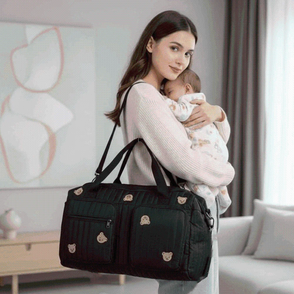 Large Capacity Diaper Organizer Quilted Cotton Multi-pocket Mommy Bag Cute Bear Soft Travel Handbag Hospital Stay