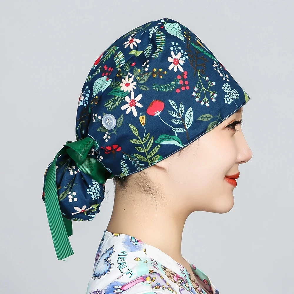 Sombreros de algodón con botones estampados para mujer, gorros de trabajo elásticos ajustables para salón de belleza, gorros de trabajo médicos para mascotas