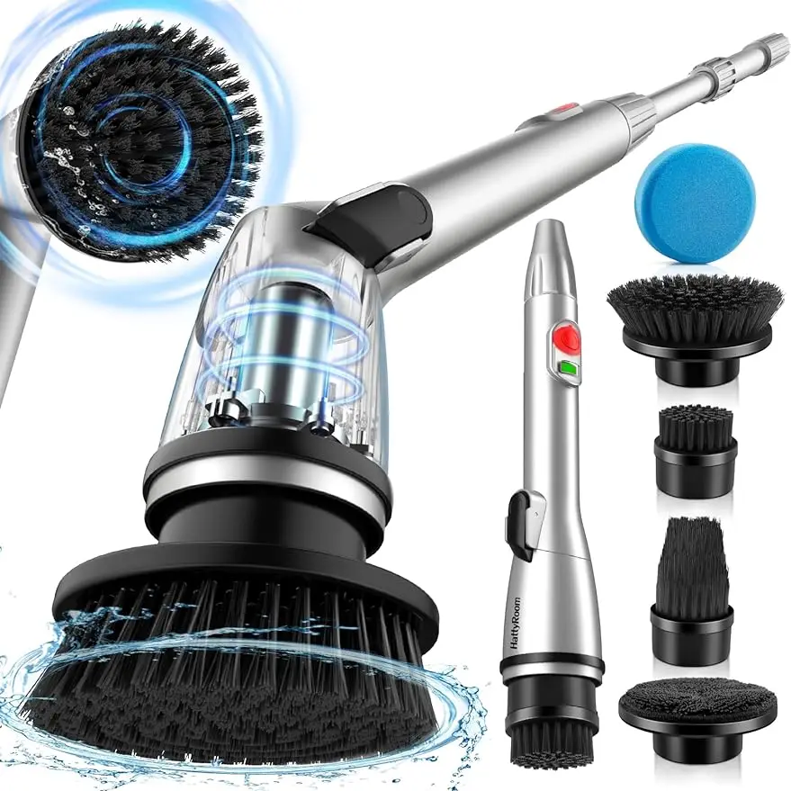 Rechargeable cordless electric rotary scrubber with 5 cleaning brush heads and adjustable shower power scrubber