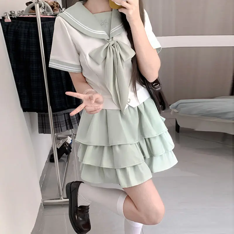 

Japanese Korean Summer 2-piece Set Preppy Cute Sailor Suit Original Genuine Mint Green Middle Tops + Fashion Kawaii Mini Skirts