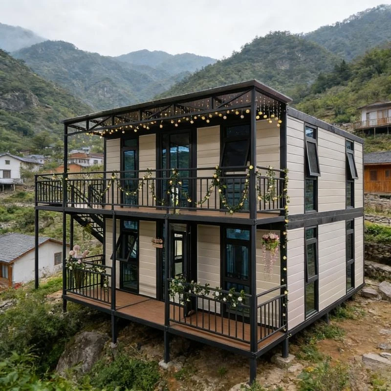 Luxury Decorated Villa Double Deck Expandable Container Houses Wooden Wall with Terrace French Window Tiny Home Hotel Made Steel
