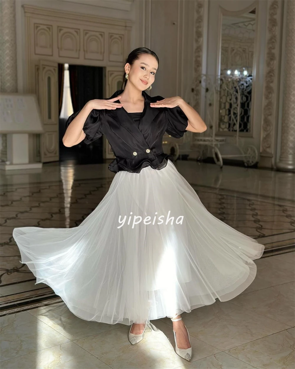 Customized Modern Style Matching Tulle Pleat Ruched Draped Button A-line V-neck Midi Dresses Homecoming Dresses High Quality Pas