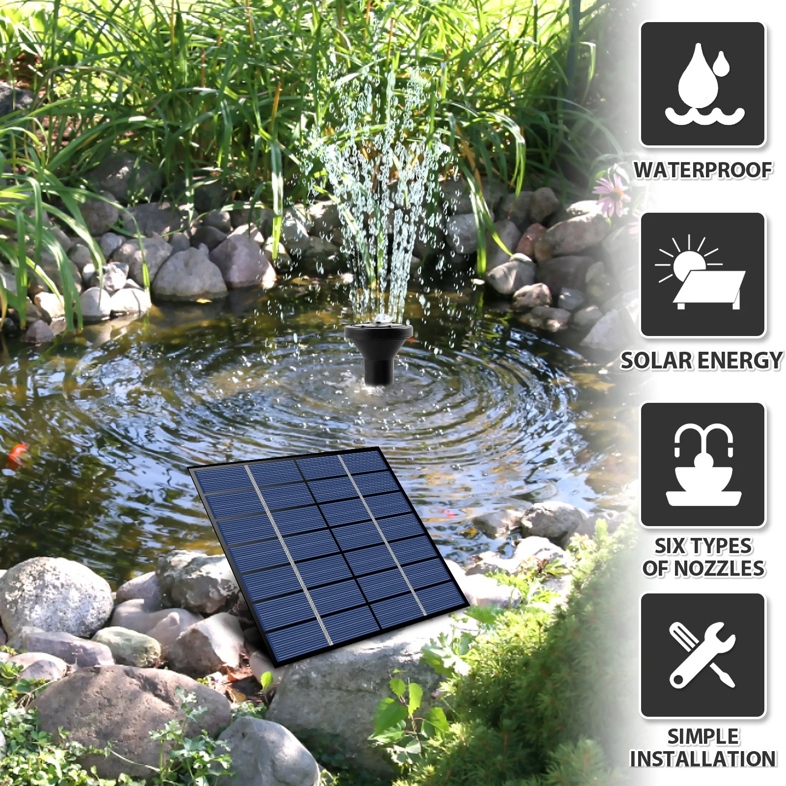 Solar Panel Fountain Kit 1.4W Pump DIY Solar Water Fountain Pump with 5 Nozzles Outdoor Garden Bird Bath Pond