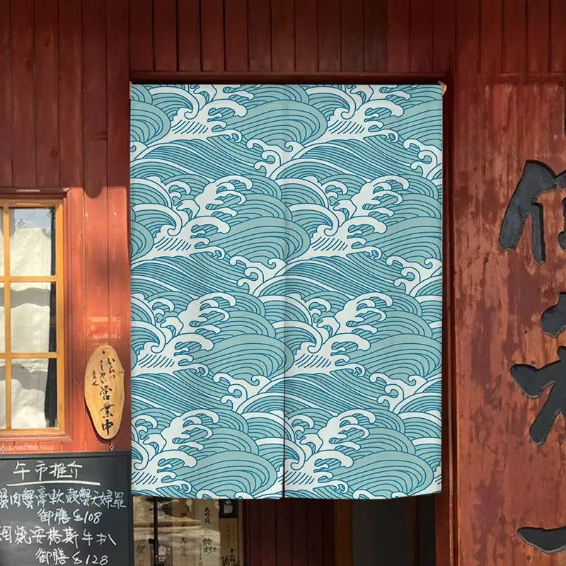 VIKAMA Japanese Seigaiha Wave Pattern Door Curtain Teal Blue Ocean Ripple Traditional Motif Linen Noren Bedroom Kitchen Living