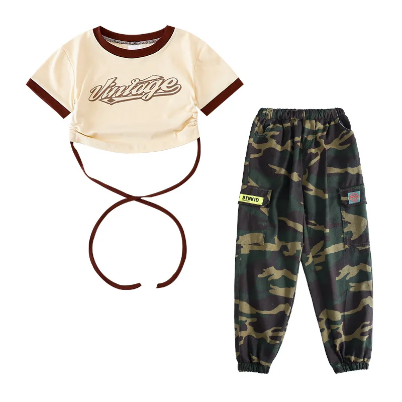 Girls Hip Hop Crop Top Camouflage Cargo Pants Clothes Sets Kids Tie Up T-shirt Street Dance Joggers Children Streetwear Costumes