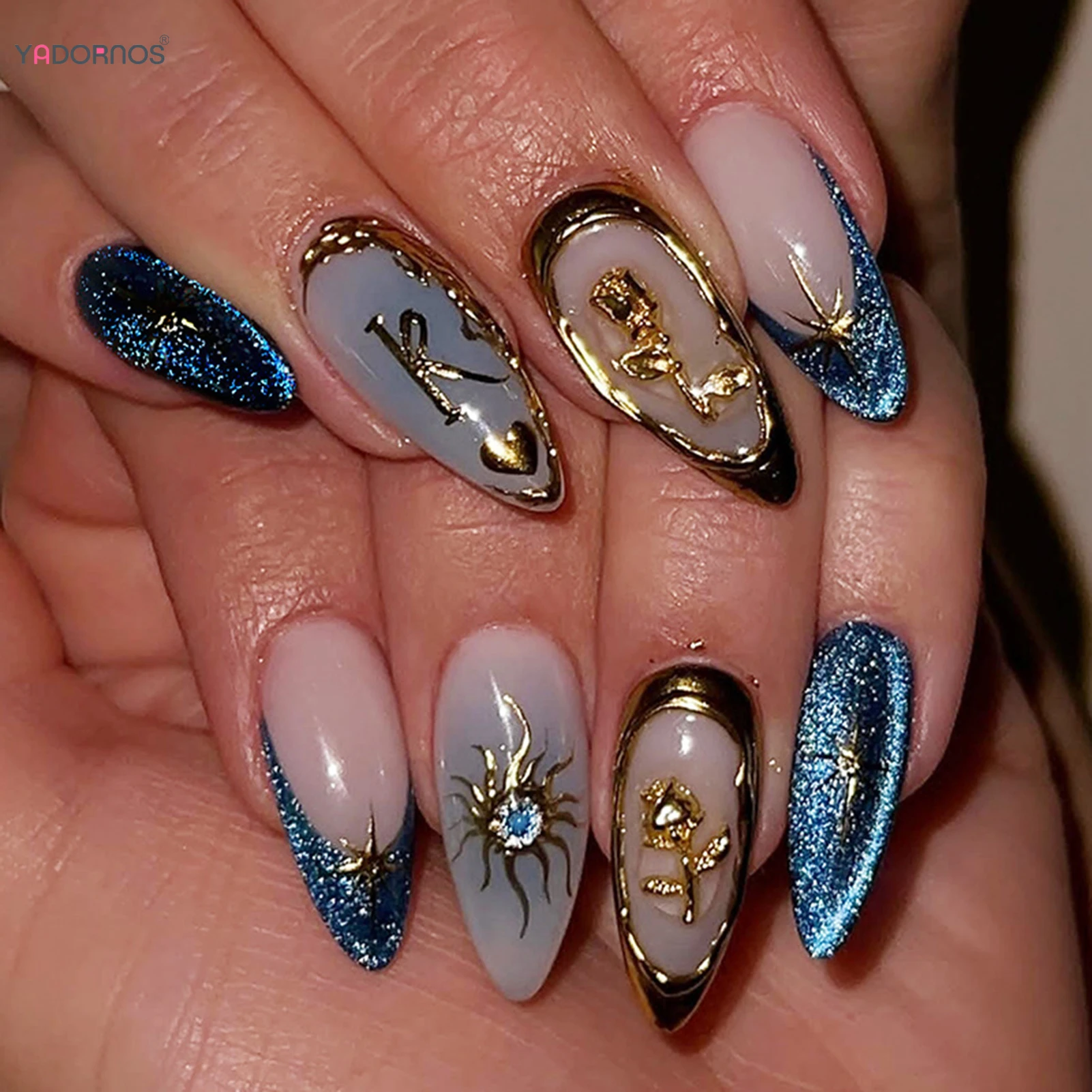 

24Pcs French 3D Gold-Leaf Fake Nails Cat Eyes Press on Nails Almond Shape Nails for Women Party Wedding Daily Use