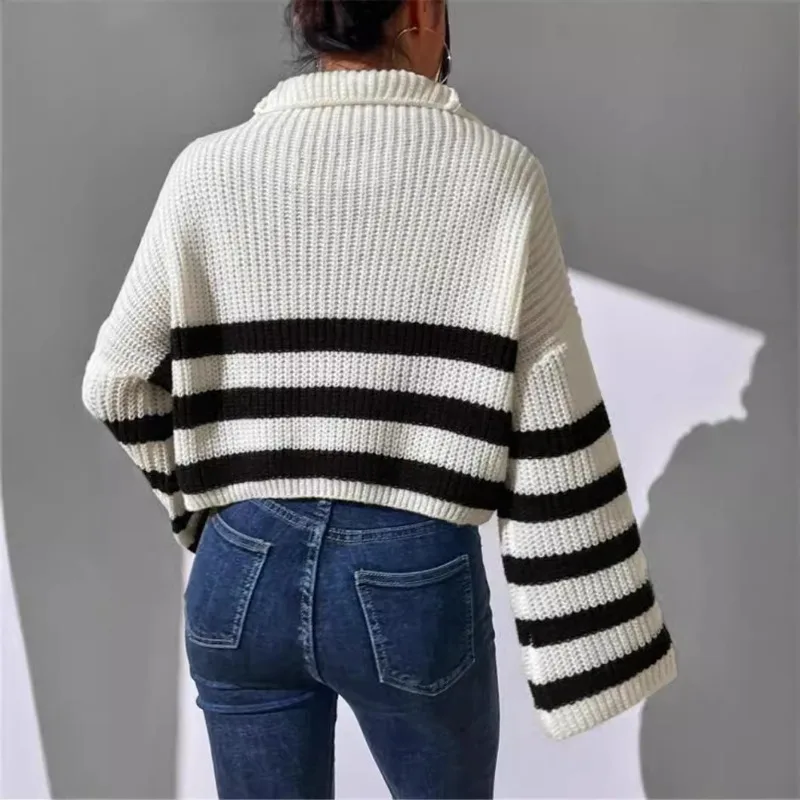 Pull ample à manches longues évasées pour femme, rayé, fermeture éclair, col montant, tricot, épais et chaud, Vintage, automne hiver 2025