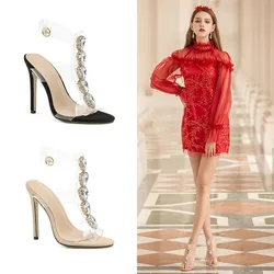 Luxury Diamonds New PVC Transparent Women Pumps Peep Toe Sexy Ankle Buckle CRYSTAL High Heels Wedding Prom Sandals Summer Shoes