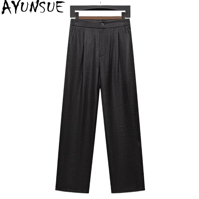 AYUNSUE High-end 40mm 100% Real Mulberry Silk Pants for Man Summer Jacquard Watered Gauze Trousers Casual Straight Black Pants