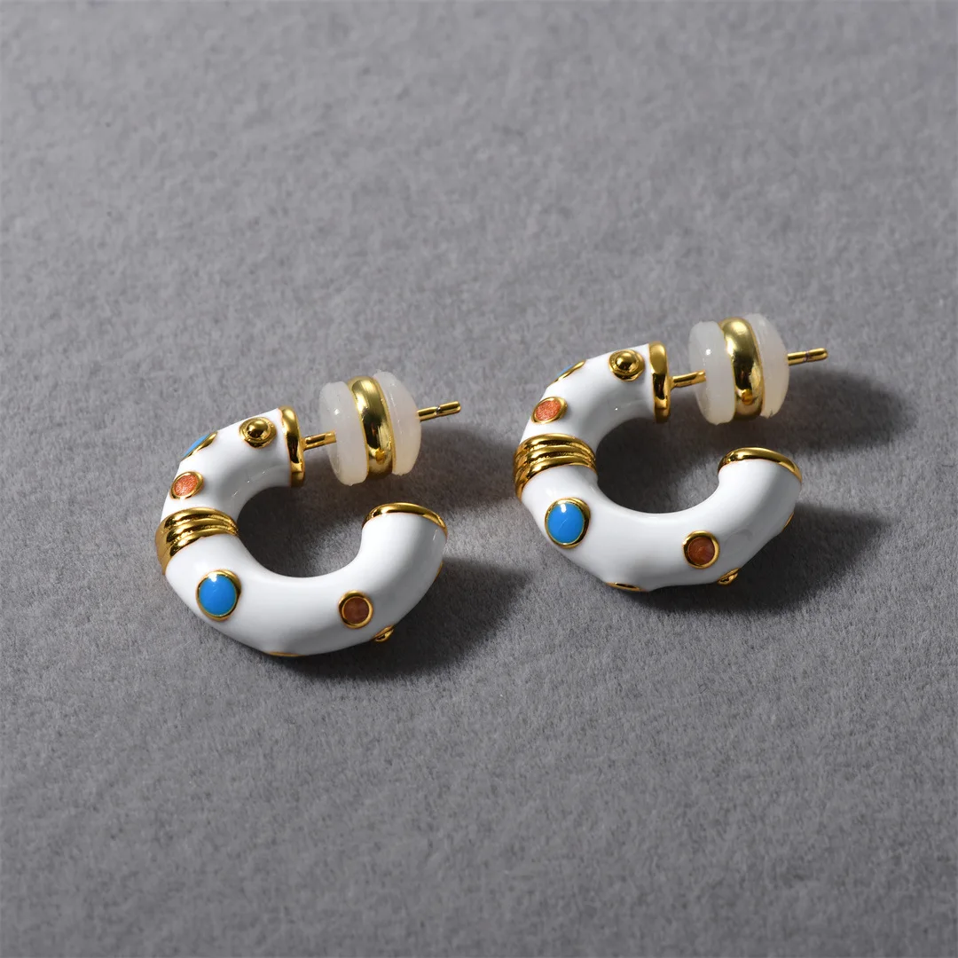 Summer new white enamel drop glaze C-shaped natural stone earrings for women