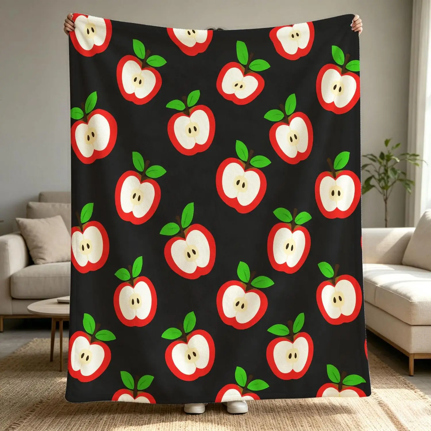[Flannel Blanket] Red Apple Slice Pattern Blanket, Soft and Comfortable, Simple Fruit Print, Modern Bedroom Decor