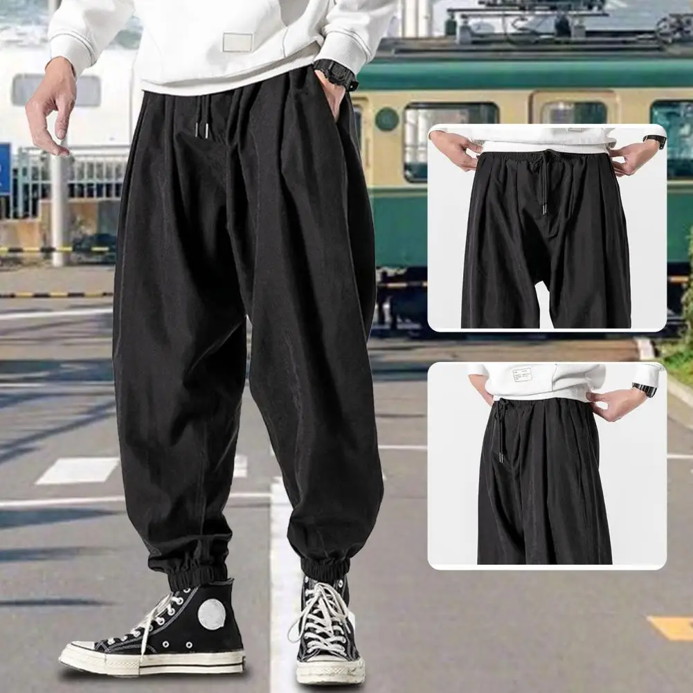 

Men Pants Mid-Rise Elastic Waistband Drawstring Men Bloomers Spring Autumn Thin Hip Hop Trousers Streetwear