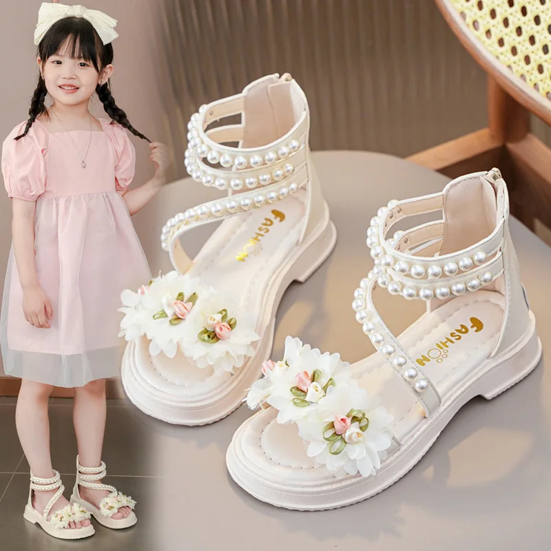 Sandalias romanas para niñas, zapatos de flores a la moda para niños, zapatos de playa con cuentas, sandalias de verano para niñas, zapatos de