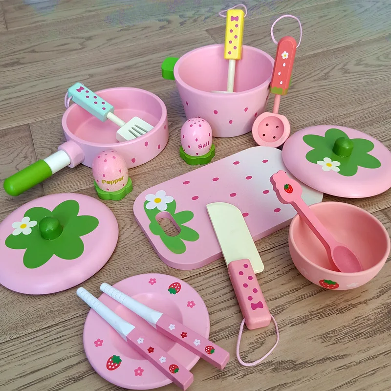 Children play house toys strawberry pink pot set wooden kitchen toys cooking pretend toys girls kids gifts