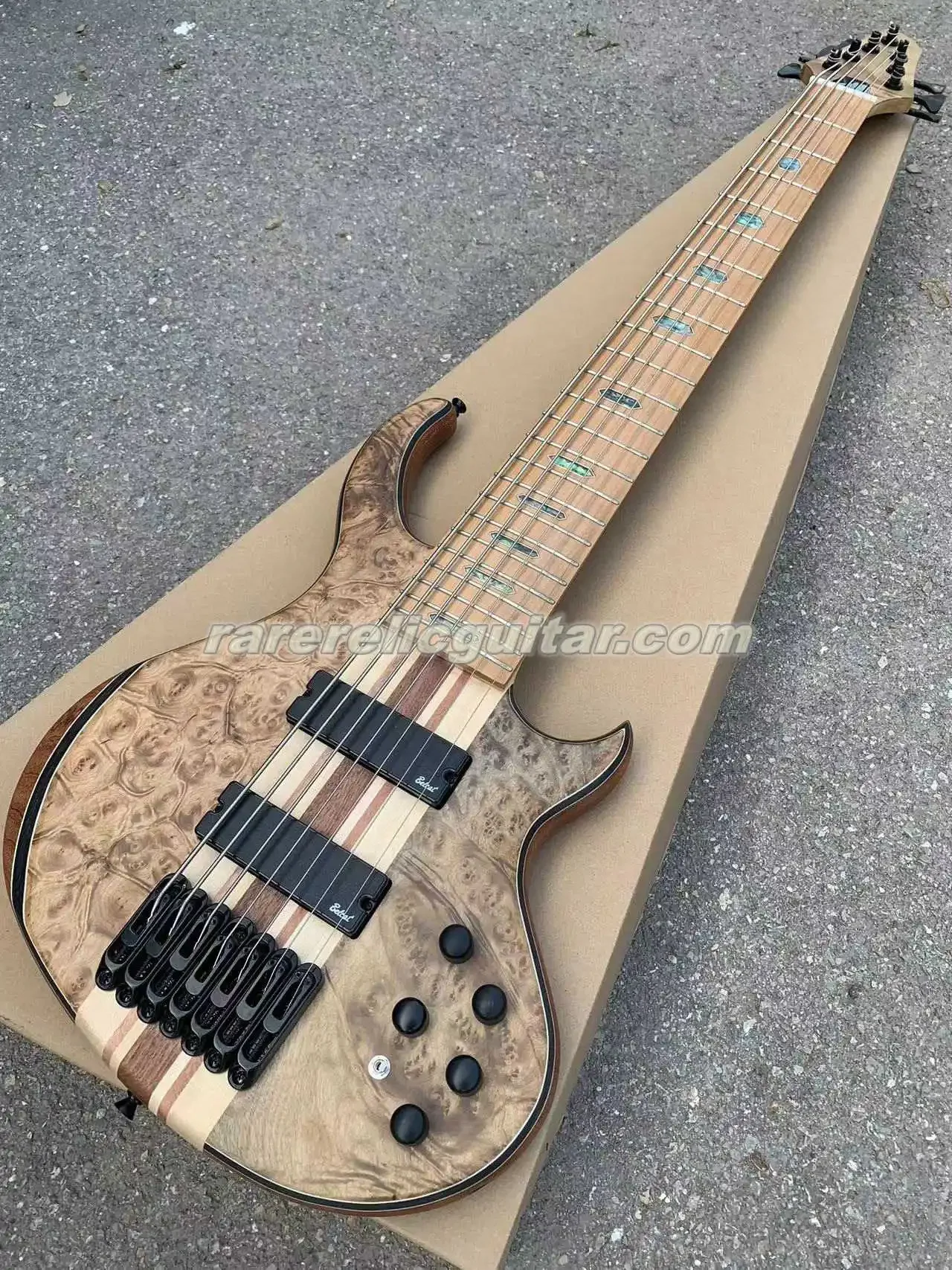 In Stock 7 Strings Natural Burl Spalted Quilted Maple Top Electric Bass Gutiar  Neck Through Body Active Pickups 9V Battery Box