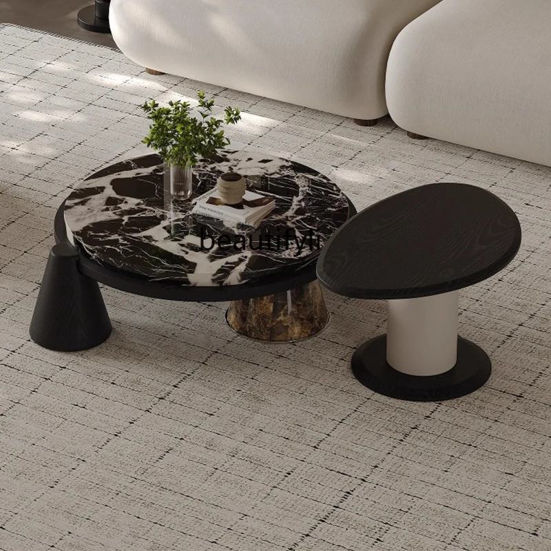 

Italian Minimalist Solid Wood Marble Round Coffee Table Vintage Style Black Wood Grain Small Apartment Tea Table