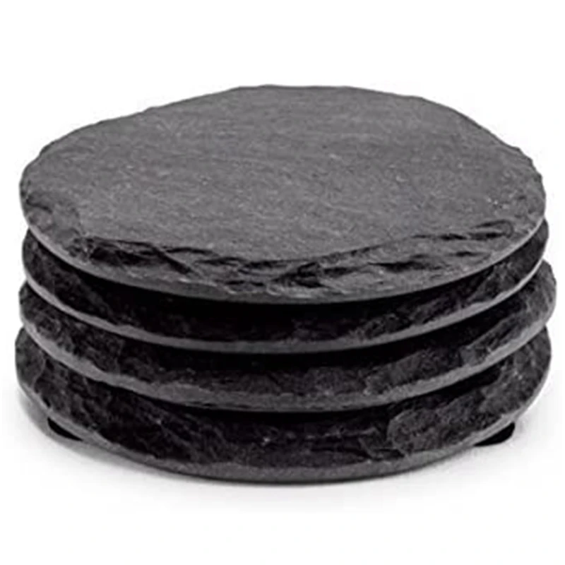 4 PCS Round Slate Black Coasters Handmade Coasters for Drinks Beverages Wine Glasses