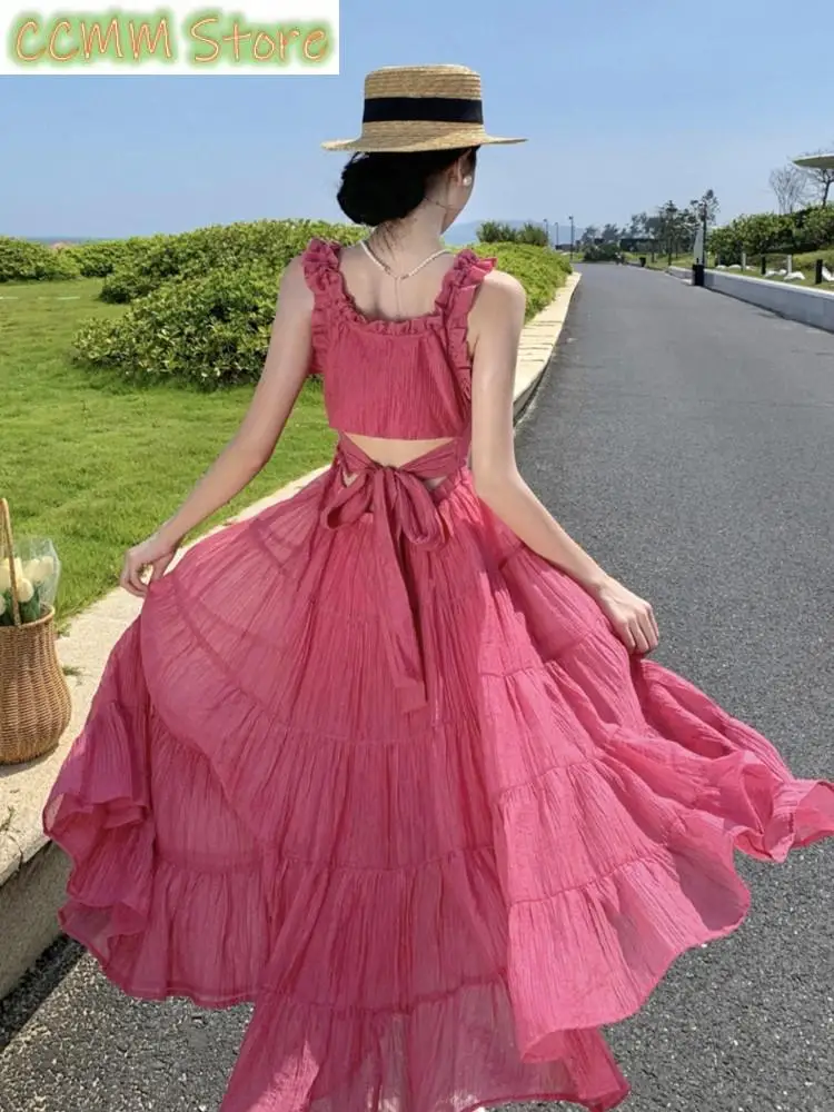 Vintage Bandage Holiday Beach Midi Dress Summer Pink Spaghetti Straps Backless Boho Vestidos Female Casual Fairy Clothes Mujer