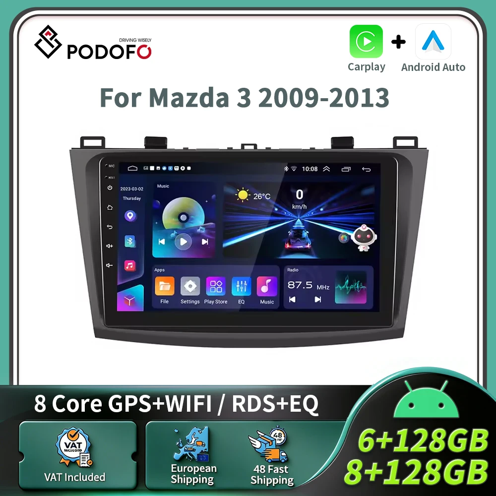 Podofo 9-Zoll Wireless Carplay Android Auto Autoradio für Mazda 3 2009-2013, intelligente Fahrzeugsysteme, 2-DIN-Autoradio-Multimedia-Player