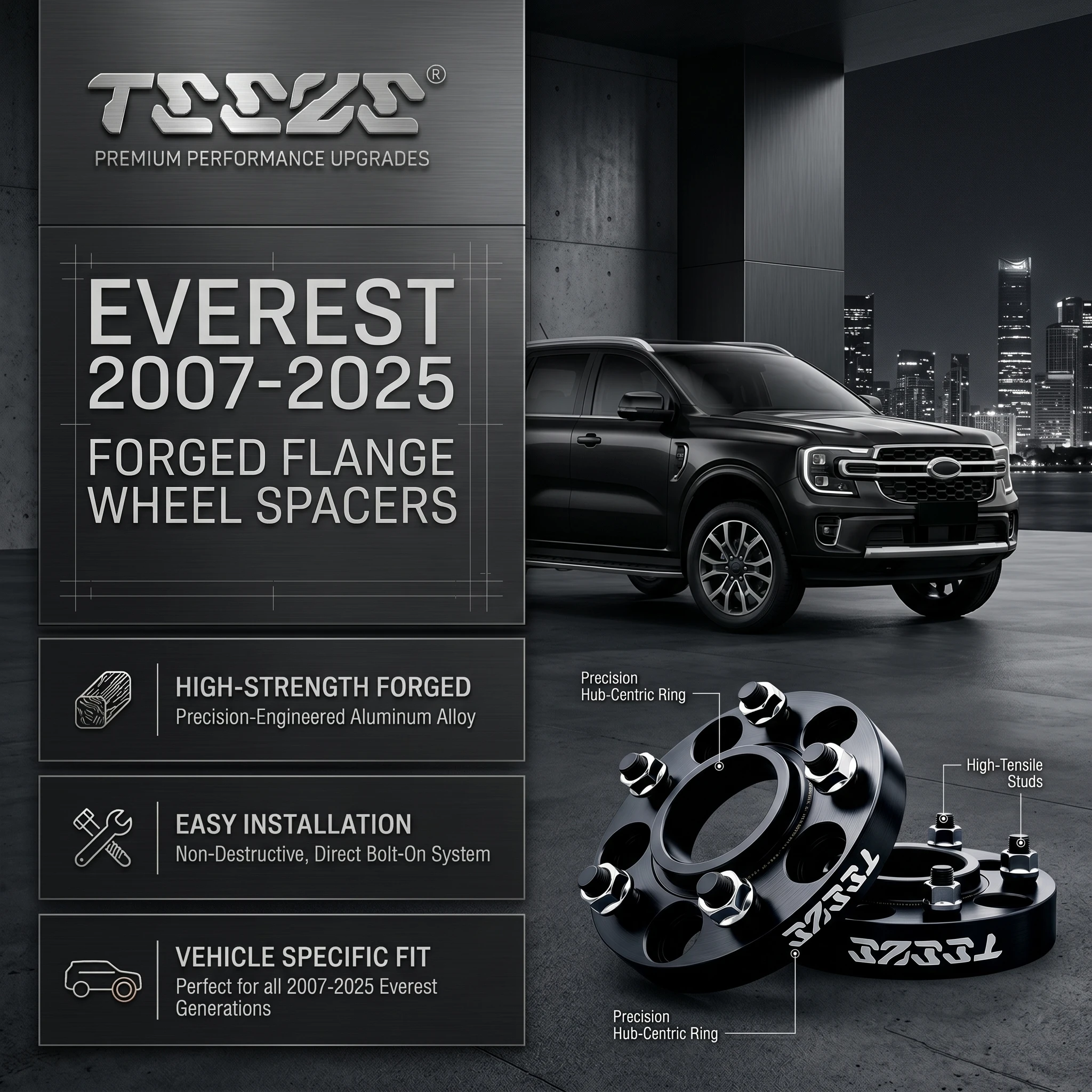 Teeze 2/4pcs 6x139.7 93.1 12 x 1.5 Hub Centric Black Forged wheel spacer For Ford Everest 2007-2025 Flange Plate25/30/35/38/50mm