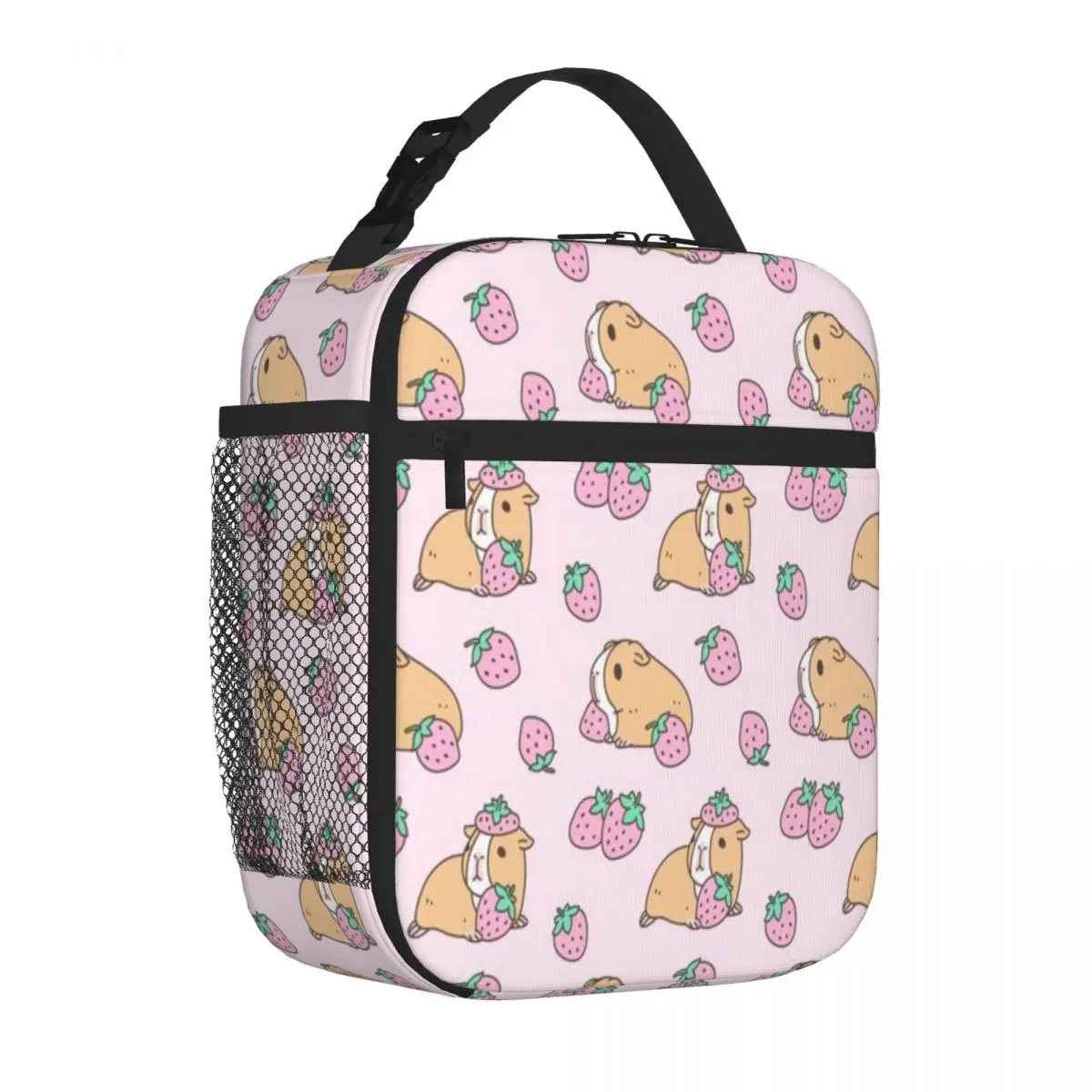 Bestselling Pink Guinea Pig And Strawberry Pattern Solid Color Foldable Lunch Bag Middle School Carry Lunch Bag
