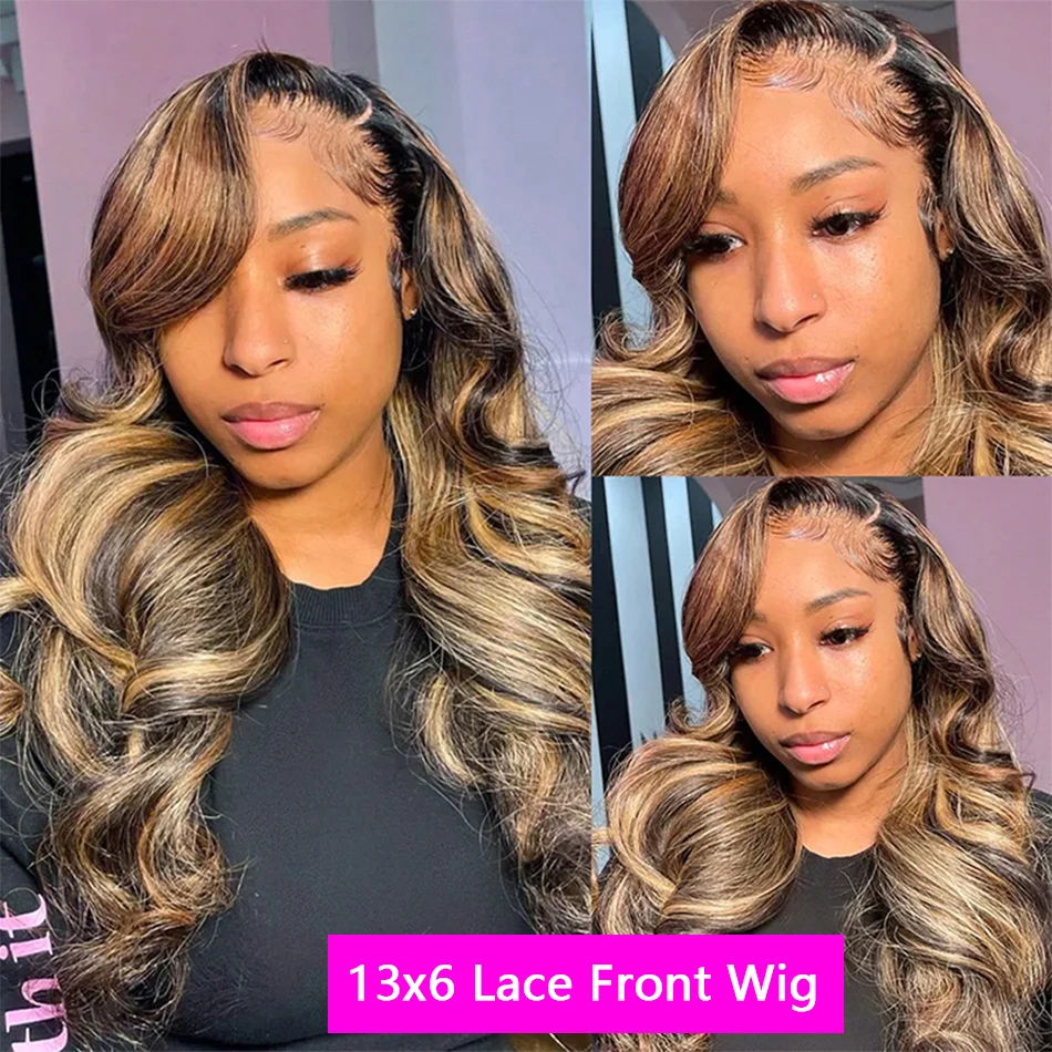 Perruque Lace Front Wig Body Wave brésilienne naturelle, cheveux blonds, 13x6 HD, sans colle, à reflets, pour femmes