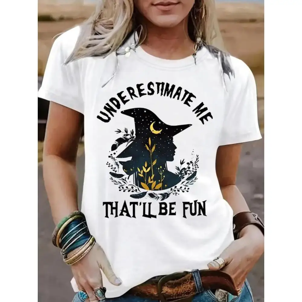 

Women's Empowering T-Shirt "Underestimate Me That'll Be Fun" Witch Hat Starry Night Graphic Tee Confident Gift