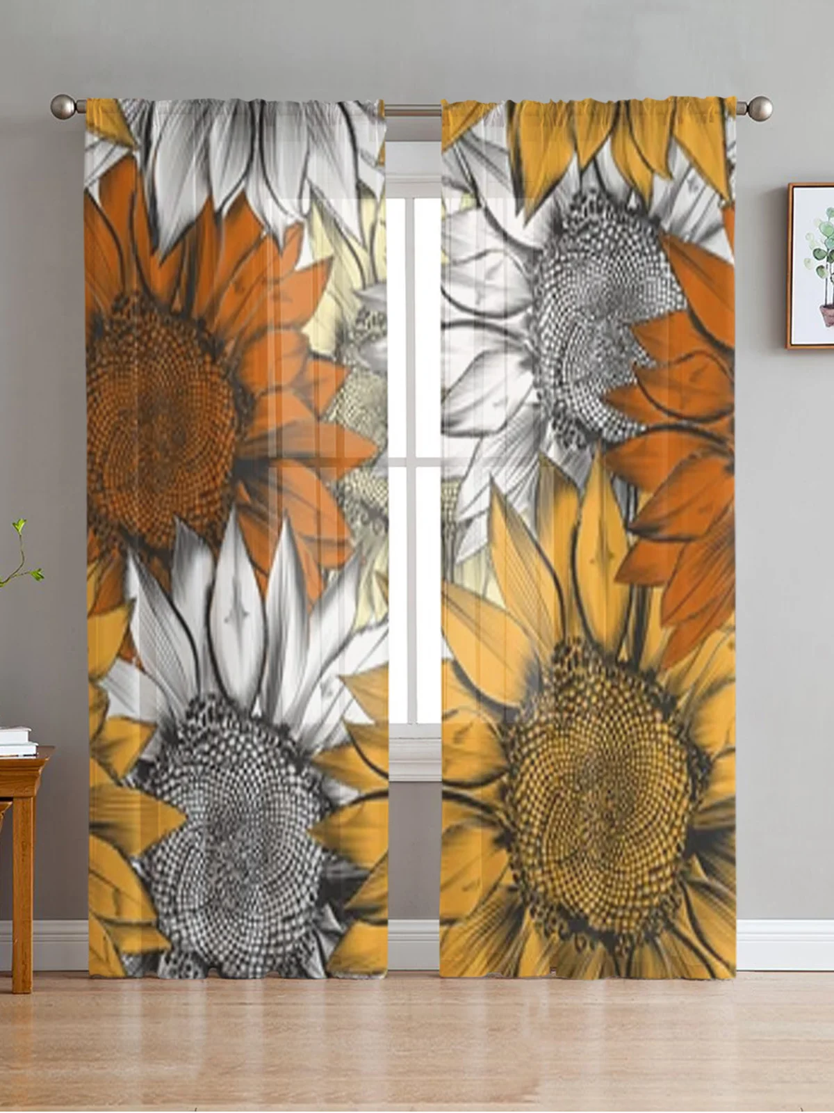 Beautiful Hand Drawn Sunflowers Chiffon Sheer Curtains For Living Room Bedroom Decor Kitchen Window Voiles Tulle Curtain