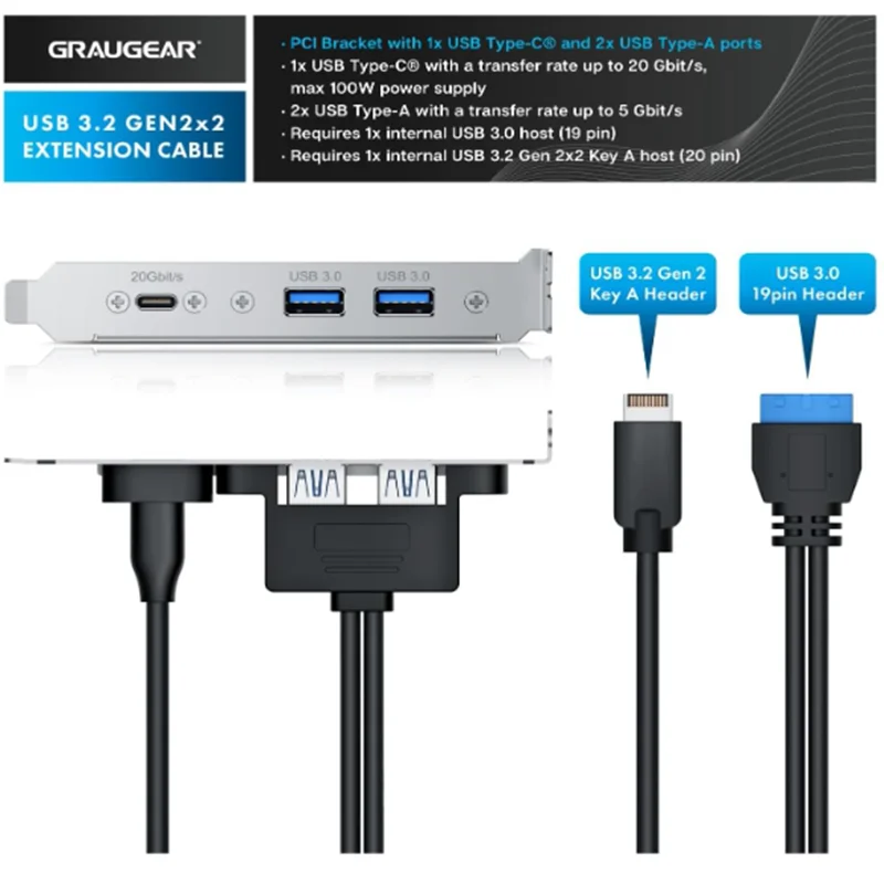 USB-C and USB to USB3.2 Type-E Key-A 20-Pin and 19-Pin 2 USB3.0 Female Connectors with PCIe Bracket[G-AD-ETC2A-20G]