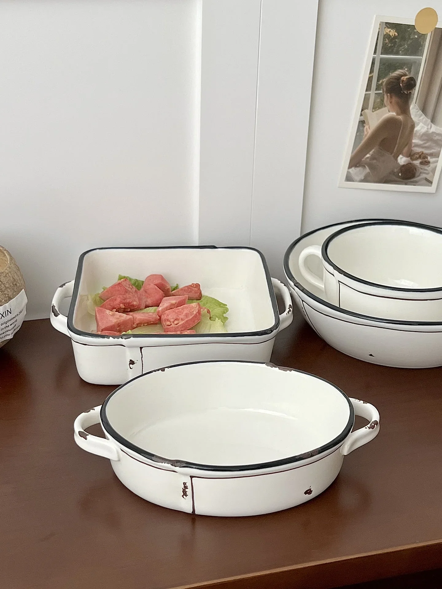Retro Japanese Style Ceramic Dinnerware Double Ear Fruit Salad Plate Restaurant Plate Vintage Glazed Undercolor Process
