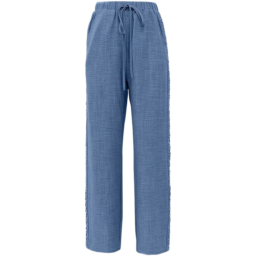Women Retro High Waist Straight Leg Pants Side Floral Lace Casual Trousers