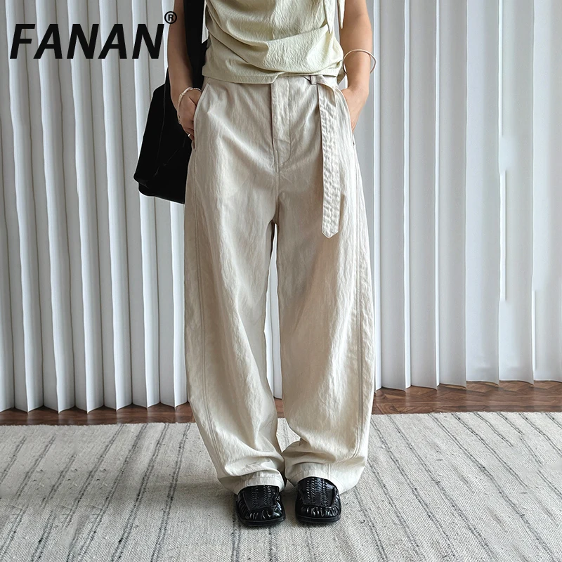 

FANAN Belt Design Wide Leg Pants For Women Solid Straight Elegant Female Trousers Office Lady Clothing Fashion 2025 Summer New
