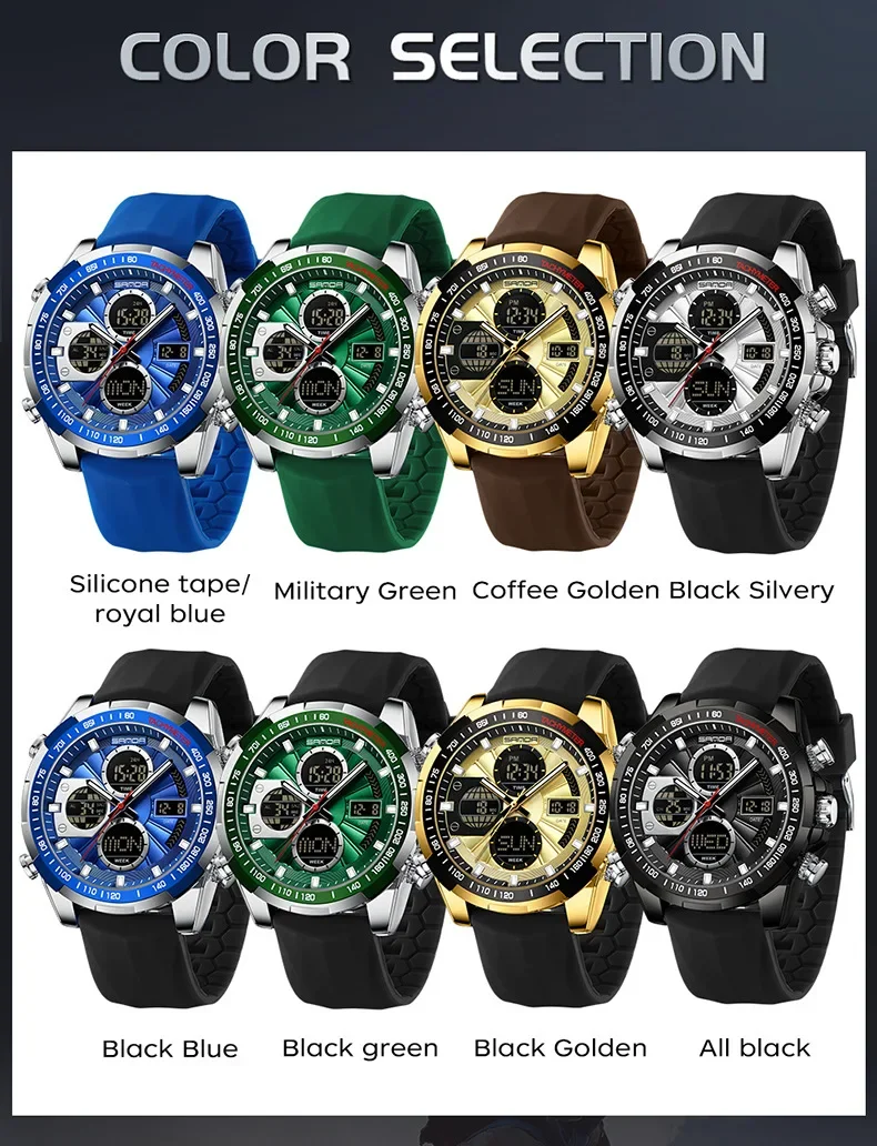 SANDA SD5105 Luxus Dual Display Herrenuhren G-Stil Sport Chronograph Alarm ​ 50 m wasserdichte Quarz-Armbanduhr aus Silikon