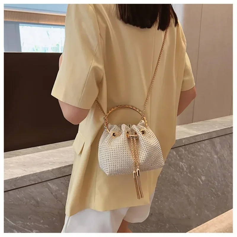 Women\'s Handbags Shoulder Candy Color Bucket Bag Round Handle Drawstring Crossbody Bags for Women Rhinestone Evening Bag Bolsa