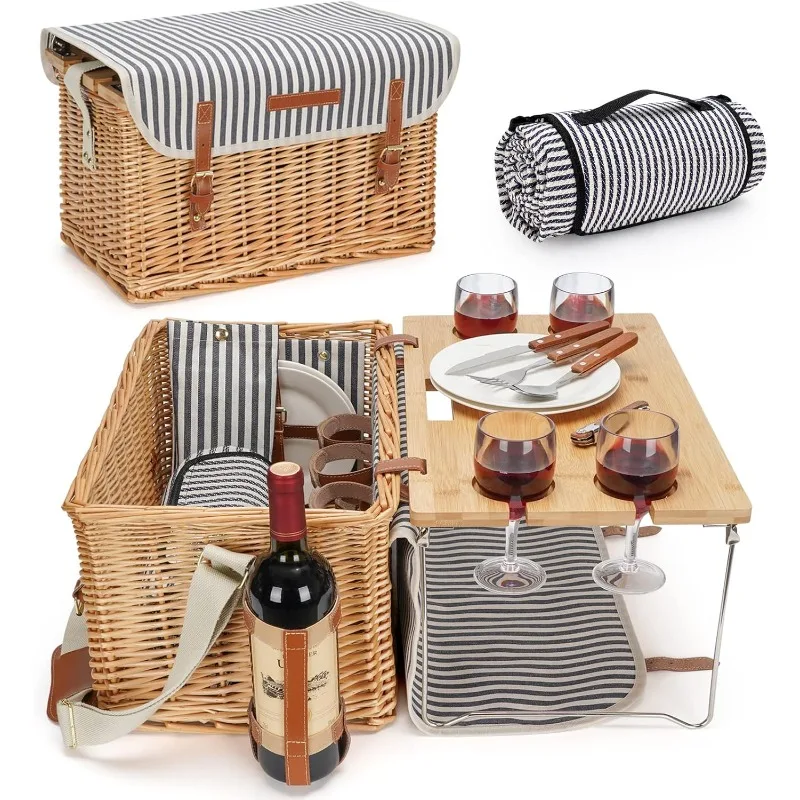 

Picnic Basket for 4, 4 Person Picnic Kit, Willow Hamper Service Gift Set with Blanket Portable Bamboo Wine Snack Table fo