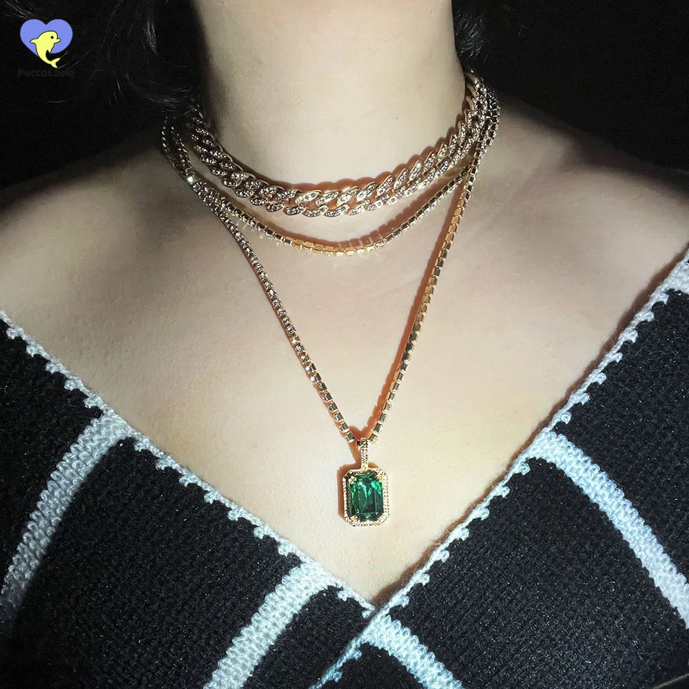 Retro Vintage Green Square Rhinestone for Women Cuban Chain Necklace Golden Hip Hop Bling  Jewelry