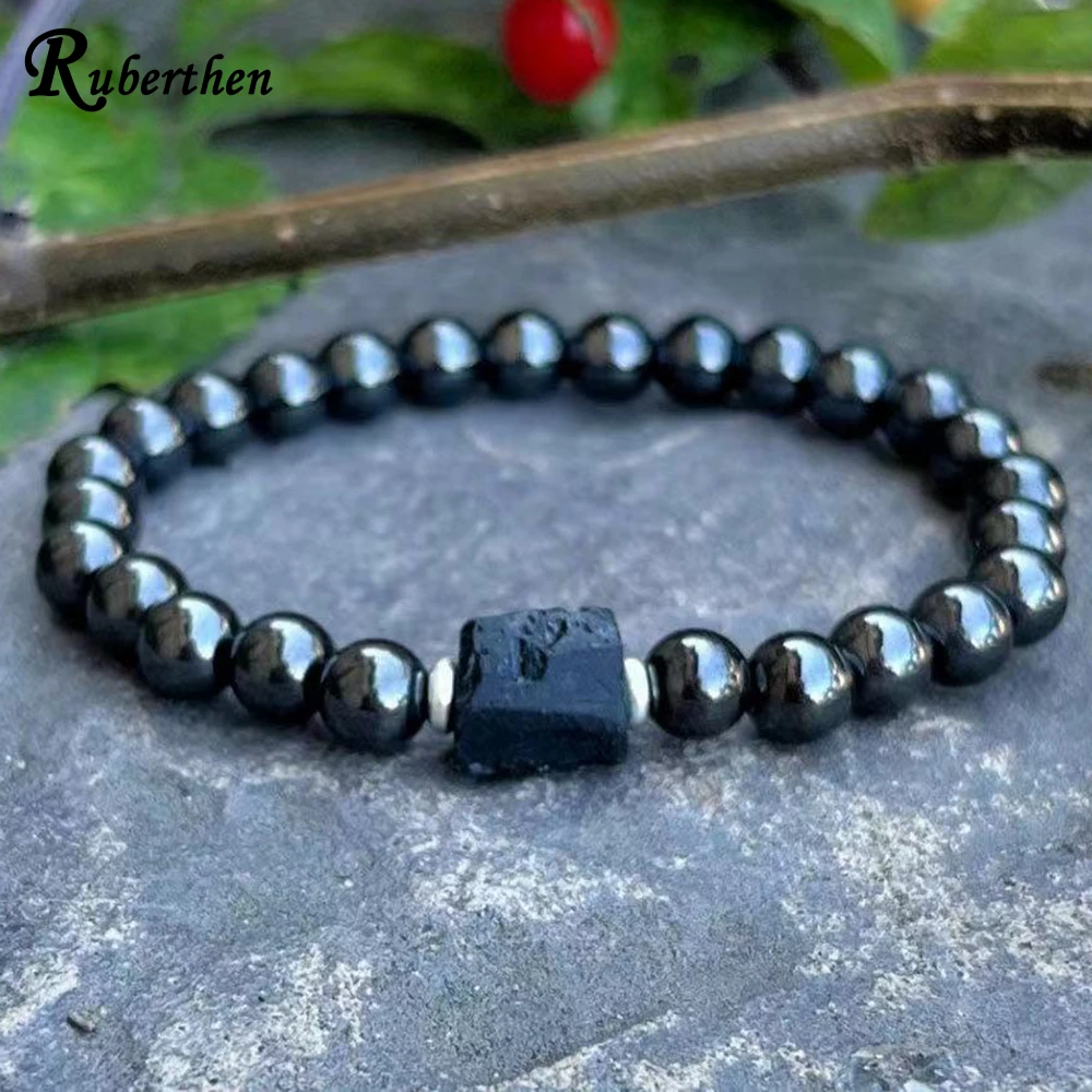 Ruberthen 6 MM Magnetic Hematite Raw Black Tourmaline Wrist Mala Natural Gemstone Energy Bracelet