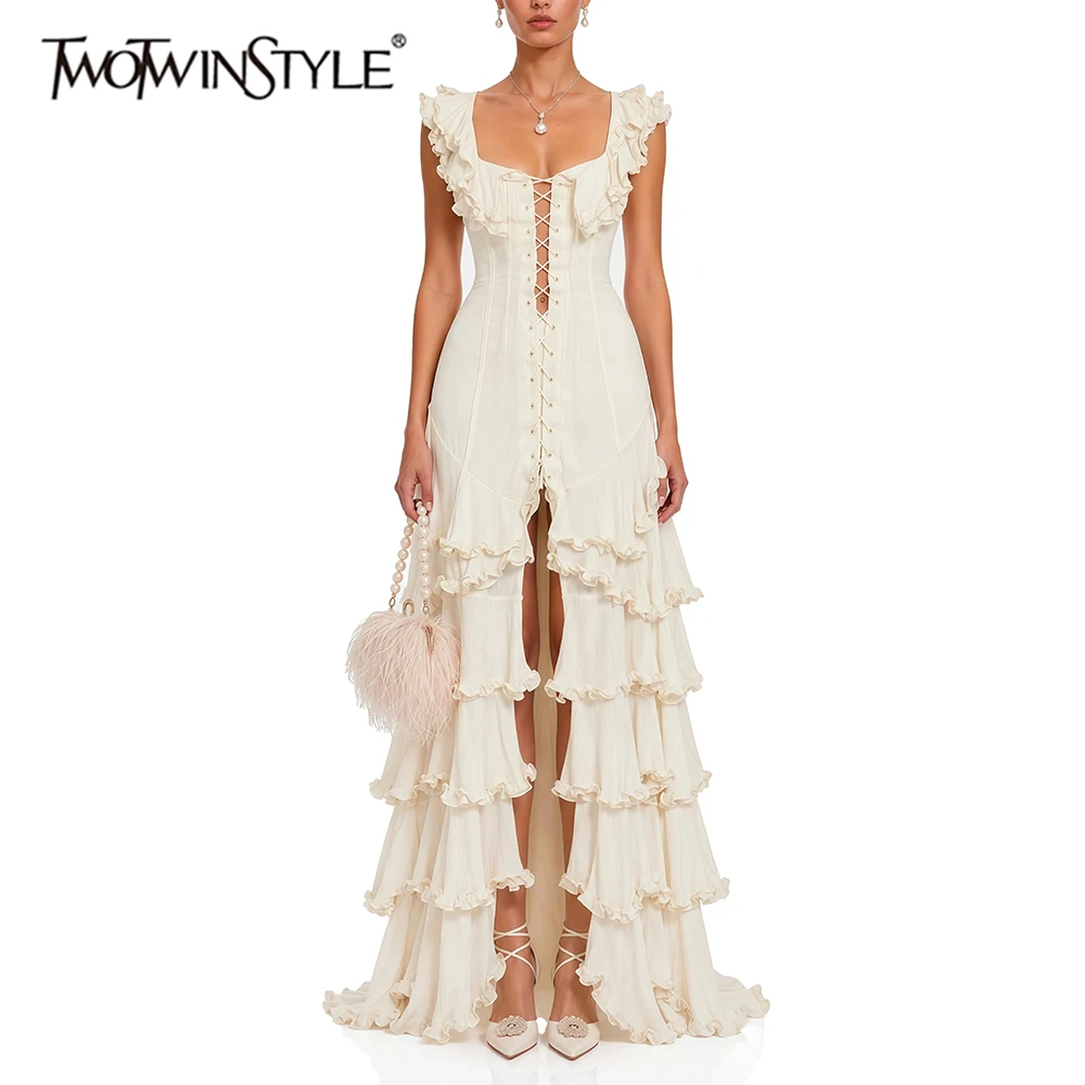 TWOTWINSTYLE Ruffled Spliced Lace Up Slimming Maxi Dress for Women High Neck Sleeveless Patchwork Zipper Dresses Female Fashion
