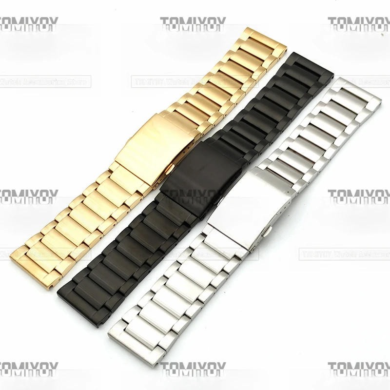 22 24MM Flat End Black Silver Gold Solid Stainless Steel Three Beads Watch Band Fit For Fo-ssi Series Watches