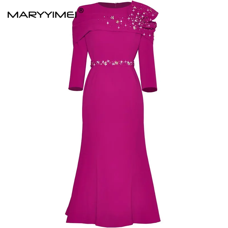 MARYYIMEI Fashion Autumn and Winter Women\'s Dress Three Quarter Sleeve High waist Crystal Slim-Fit Hip Wrap Mermaid Dresses