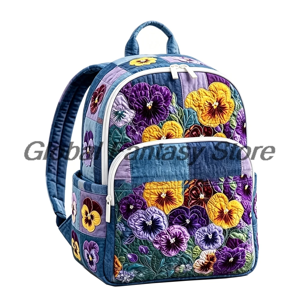 Purple Pansy Patchwork Quilted Backpack Vintage Floral Print Daypack Travel Bag Women Men Outdoor Packsack